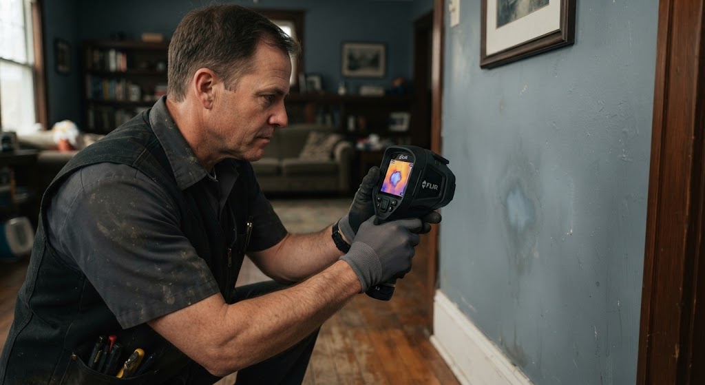 Hidden water leak detection Teaneck NJ using thermal imaging on a wall